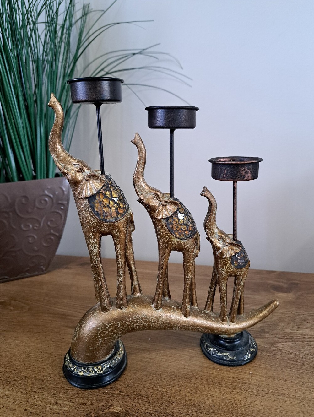 Elephant Tea Light Candle Holder Boho Shelf Decor Gold Brass Vintage Inspired
